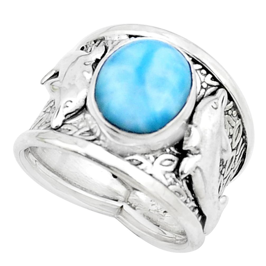 5.30cts natural blue larimar 925 silver dolphin solitaire ring size 7 p22627