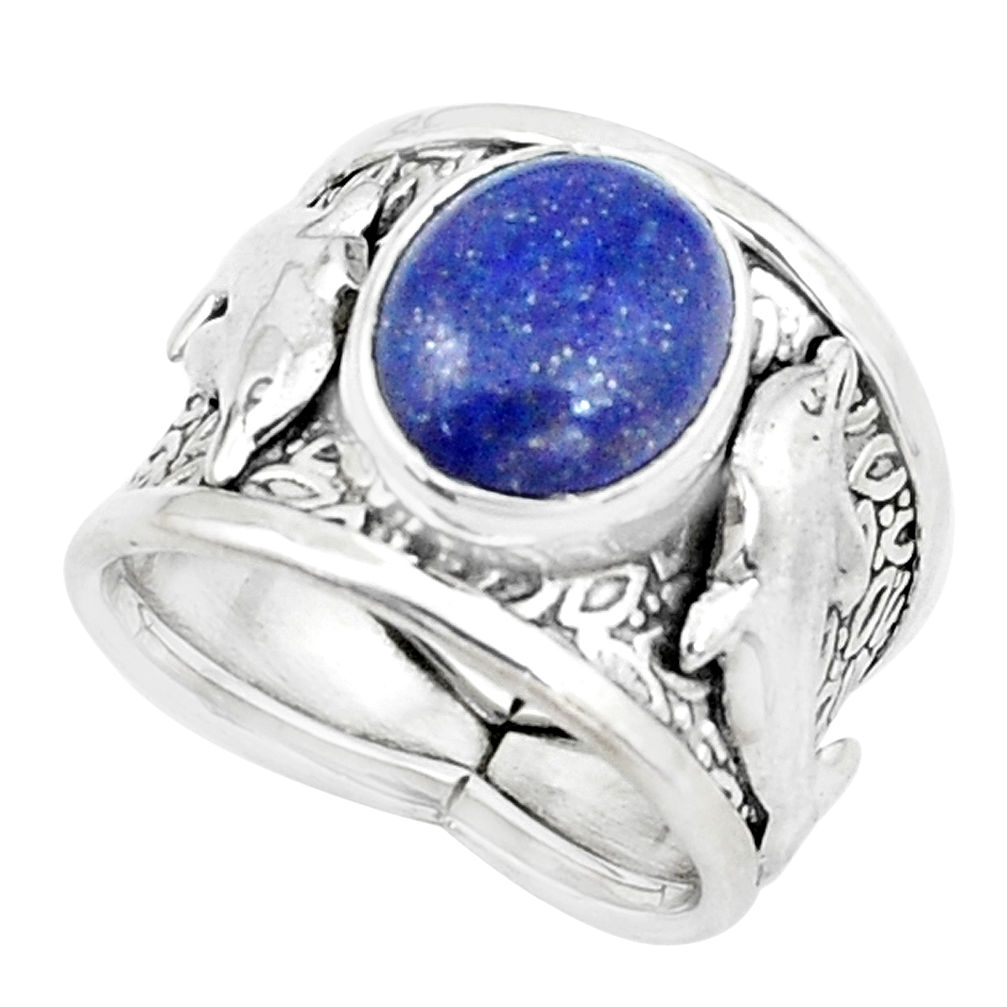 Natural blue lapis lazuli 925 silver dolphin solitaire ring size 7 p22629