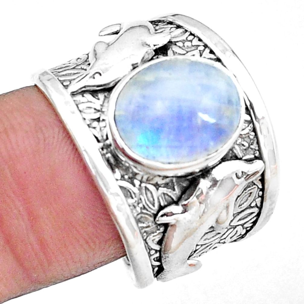 Natural rainbow moonstone 925 silver dolphin solitaire ring size 8.5 p22639