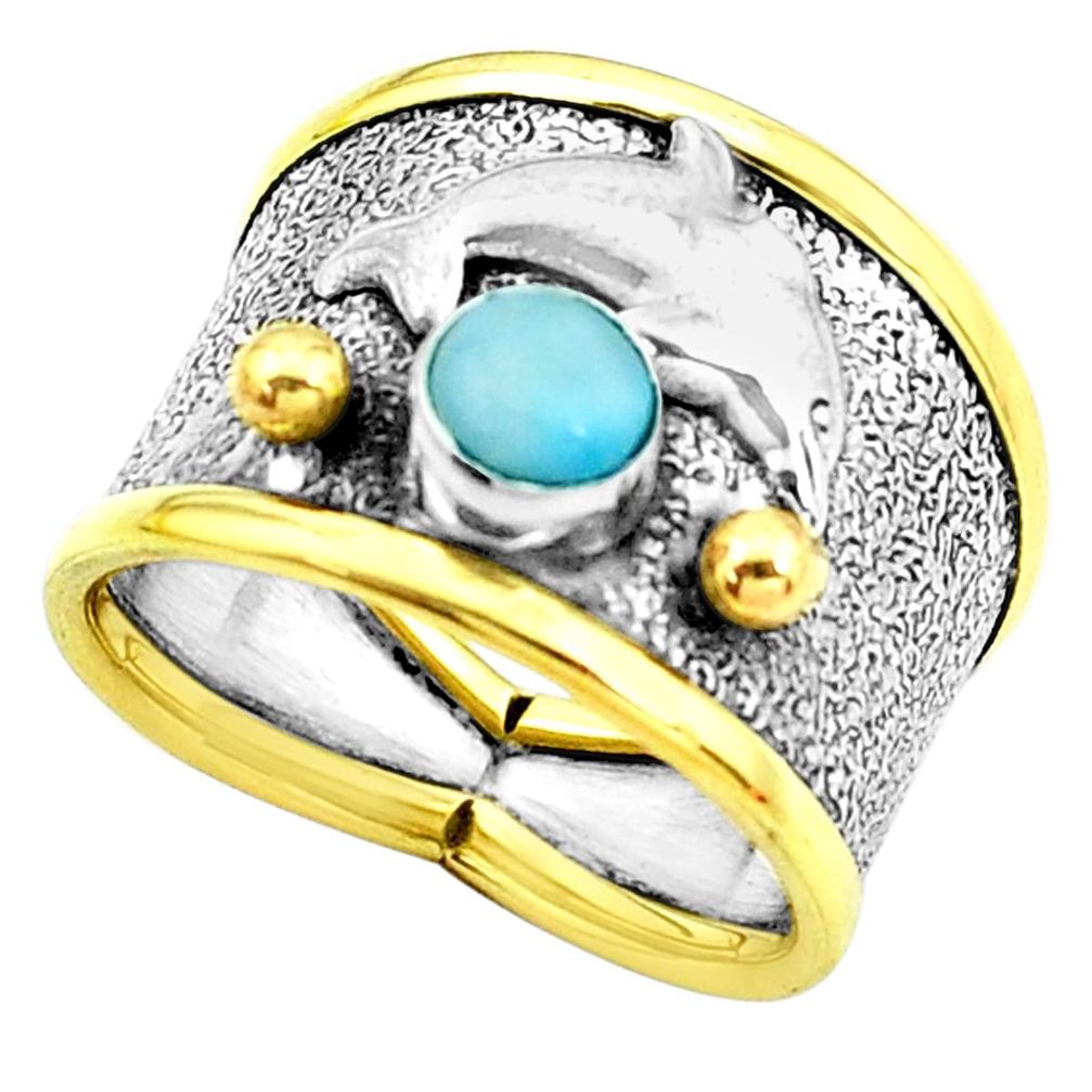 Natural blue larimar 925 silver two tone dolphin solitaire ring size 6 p22667