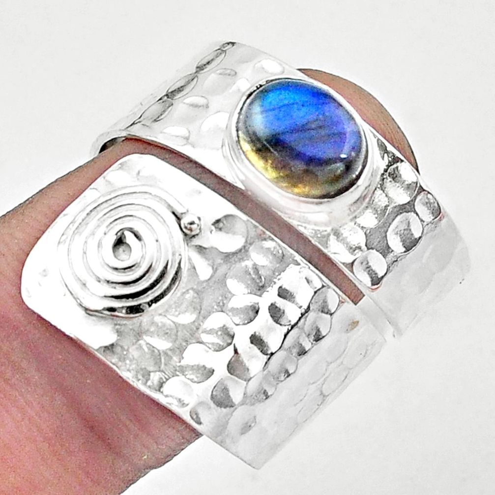 Natural blue labradorite 925 silver adjustable solitaire ring size 9 p22780