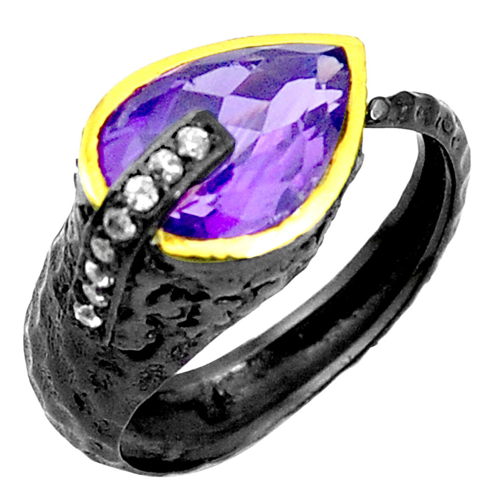 Natural purple amethyst rhodium silver two tone adjustable ring size 9 p23837