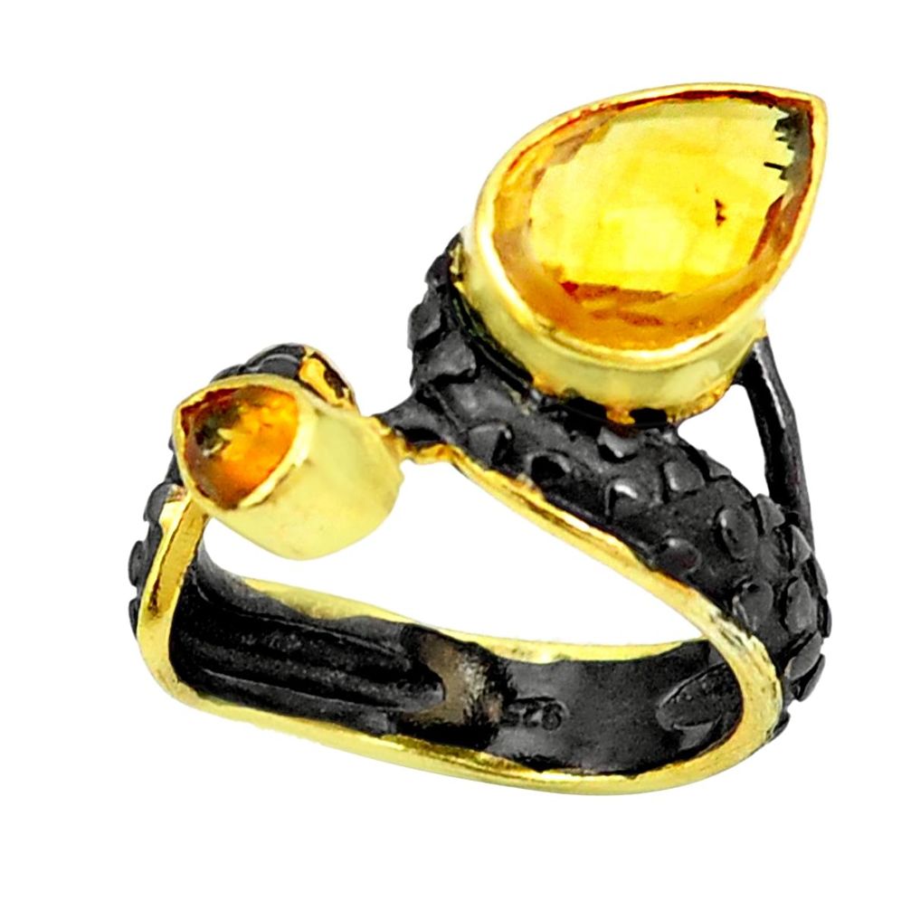 5.53cts natural yellow citrine rhodium 925 silver two tone ring size 7.5 p23843