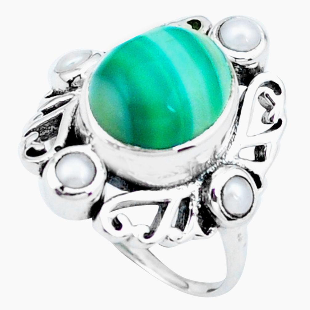 6.58cts natural green botswana agate pearl silver solitaire ring size 7 p24908
