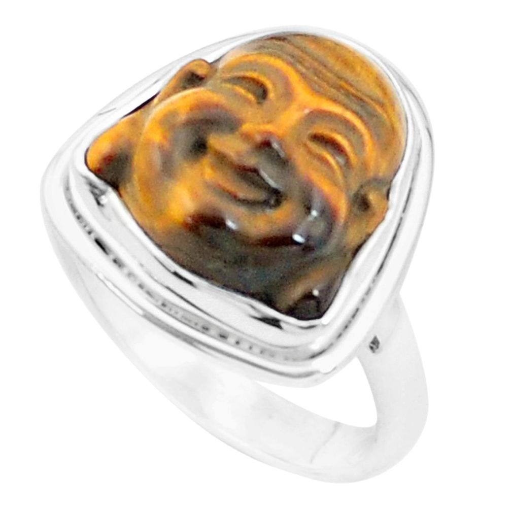 Natural brown tiger's eye 925 silver buddha solitaire ring size 7.5 p25928