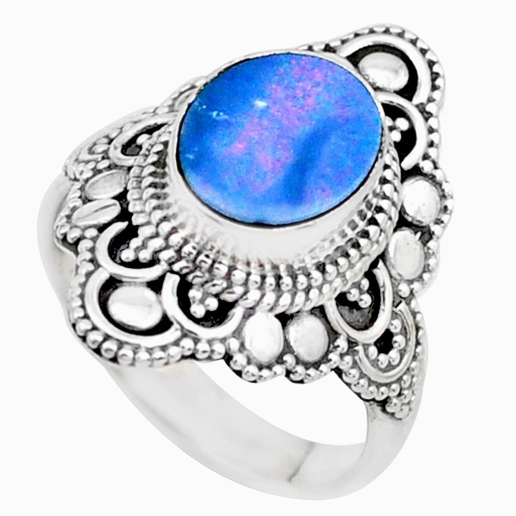 Natural blue doublet opal australian 925 silver solitaire ring size 7 p26333