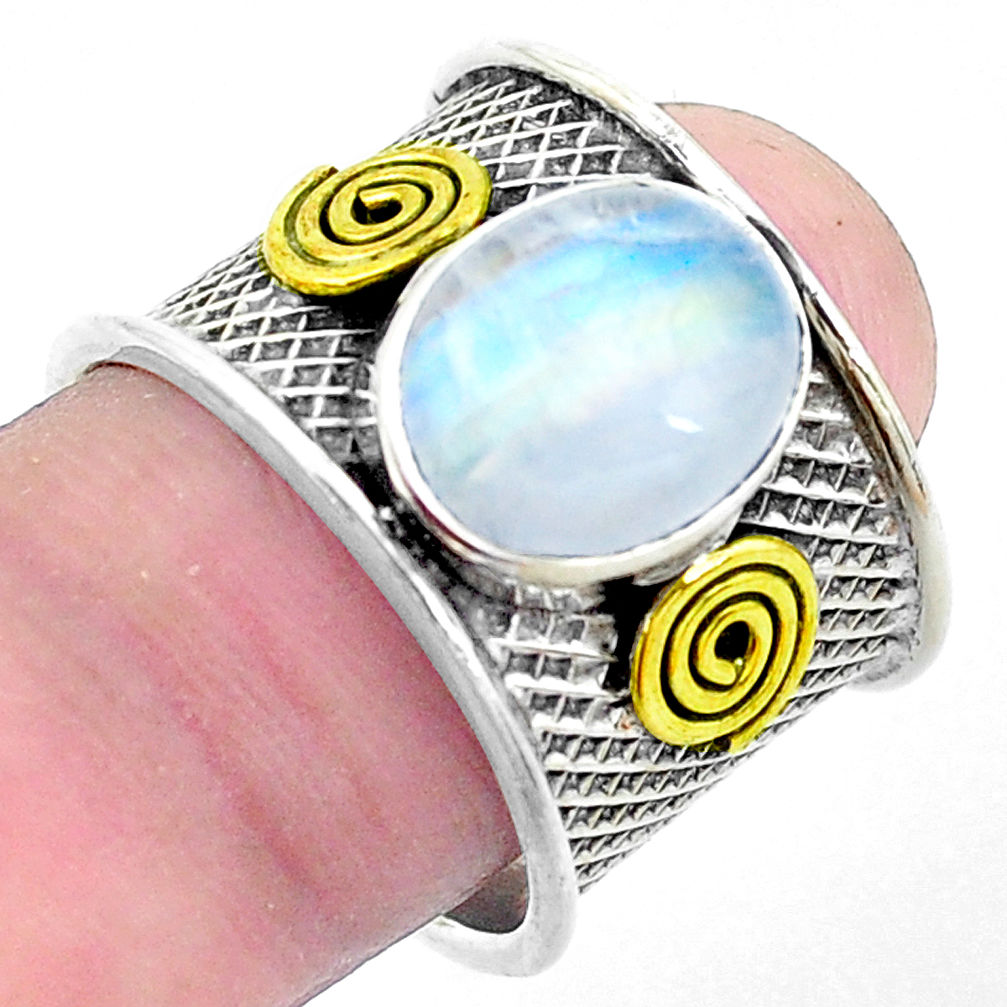 925 silver natural rainbow moonstone two tone solitaire ring size 7.5 p26819