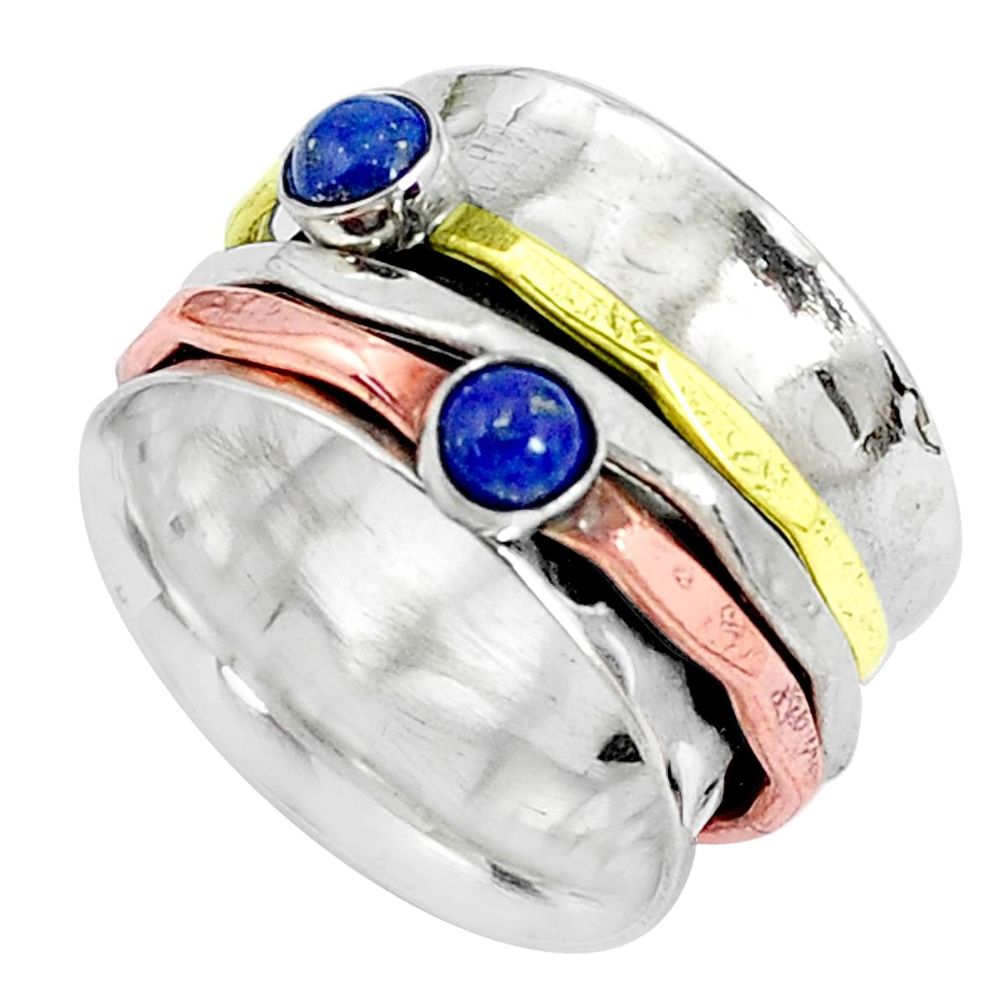 Victorian natural lapis lazuli 925 silver two tone spinner ring size 8.5 p27150