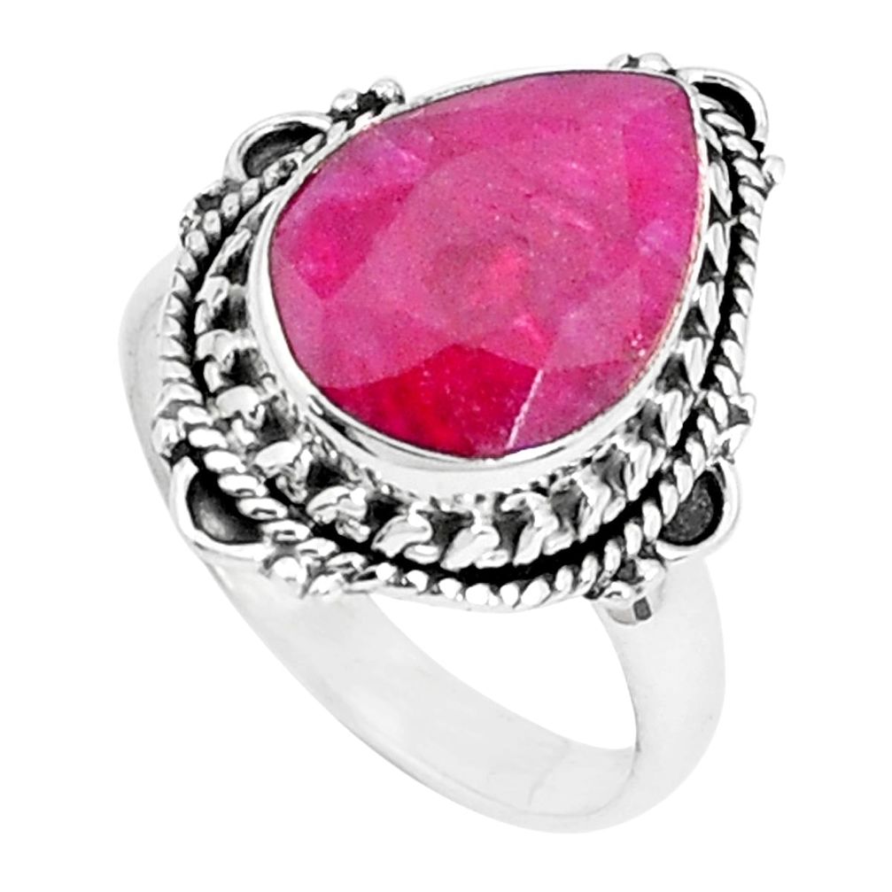 925 sterling silver 6.58cts natural red ruby pear solitaire ring size 8 p27404