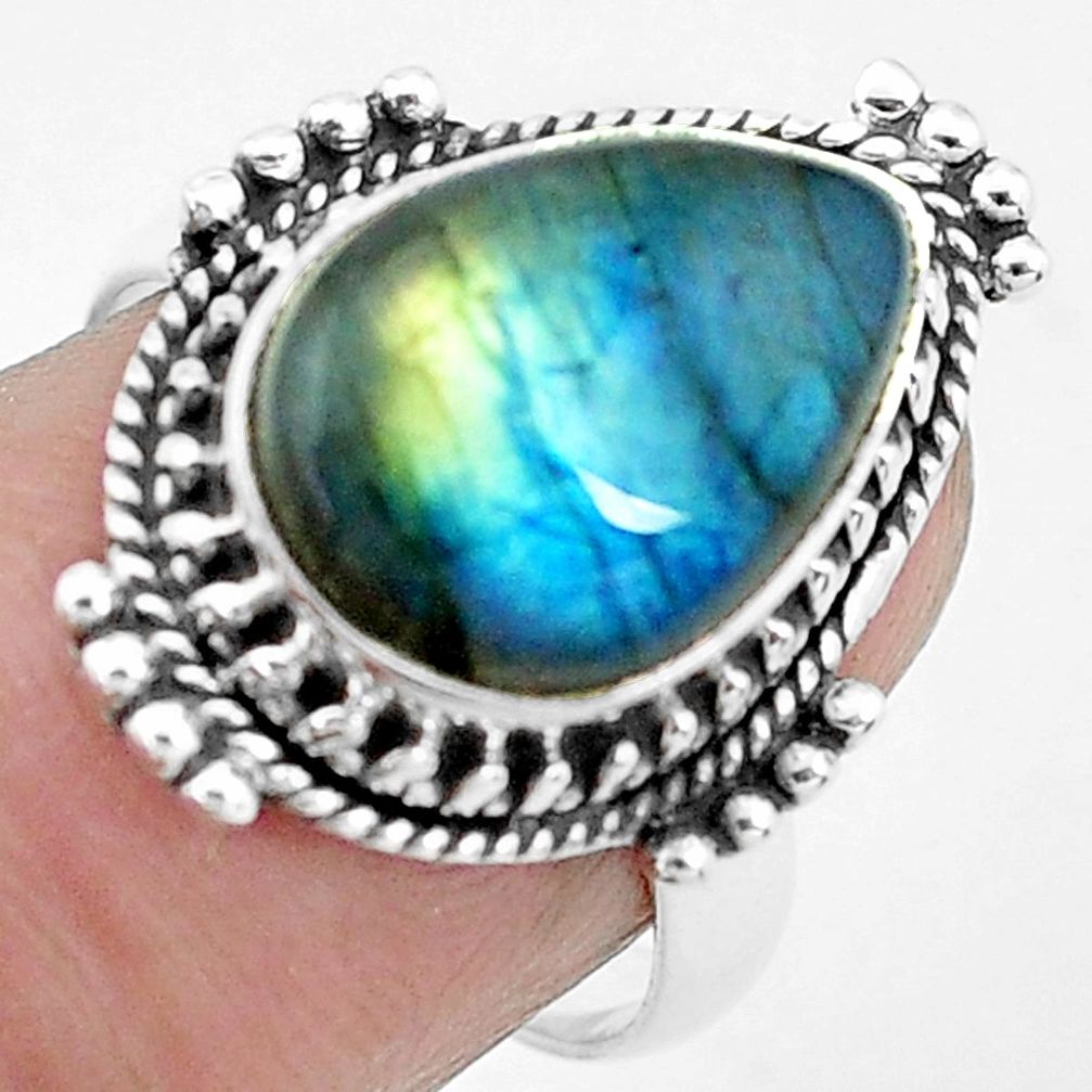 925 silver 6.83cts natural blue labradorite pear solitaire ring size 7.5 p27483