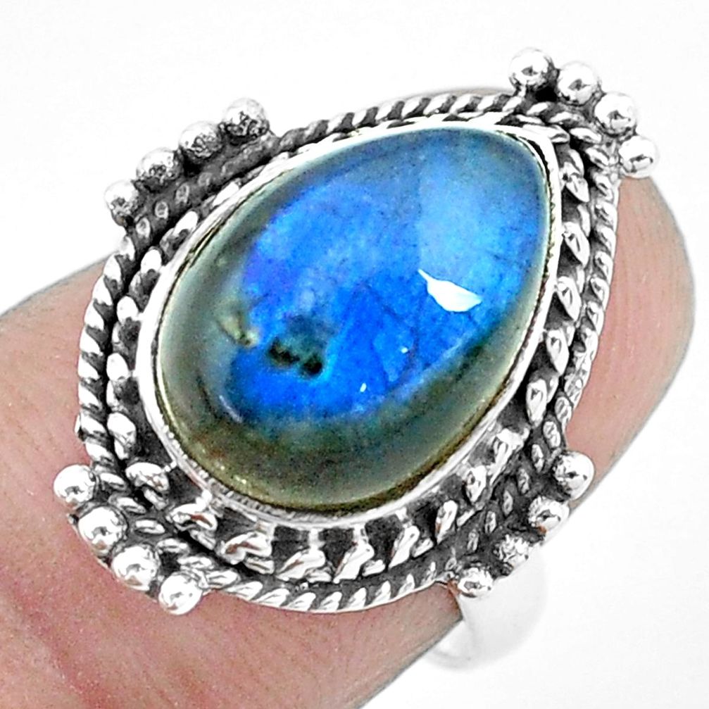 925 silver 7.07cts natural blue labradorite pear solitaire ring size 6.5 p27488