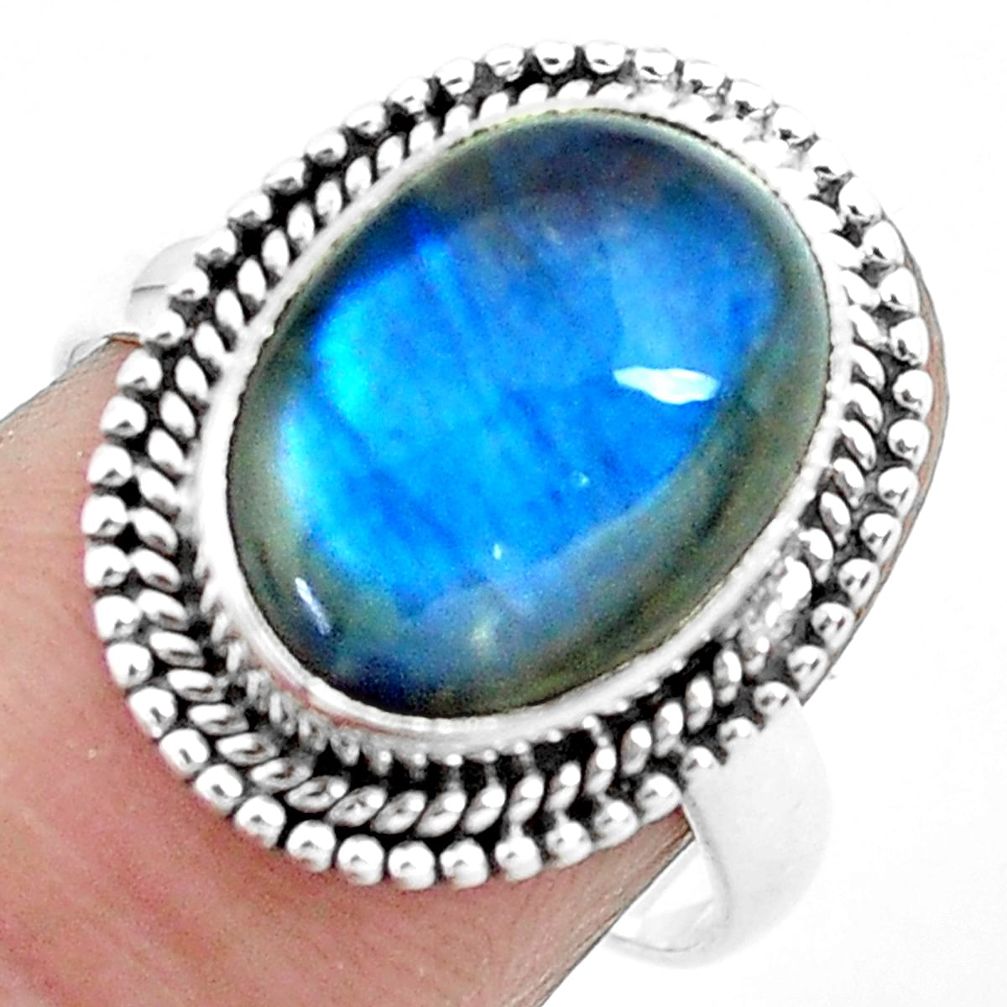 925 silver 6.31cts natural blue labradorite oval solitaire ring size 7.5 p27499