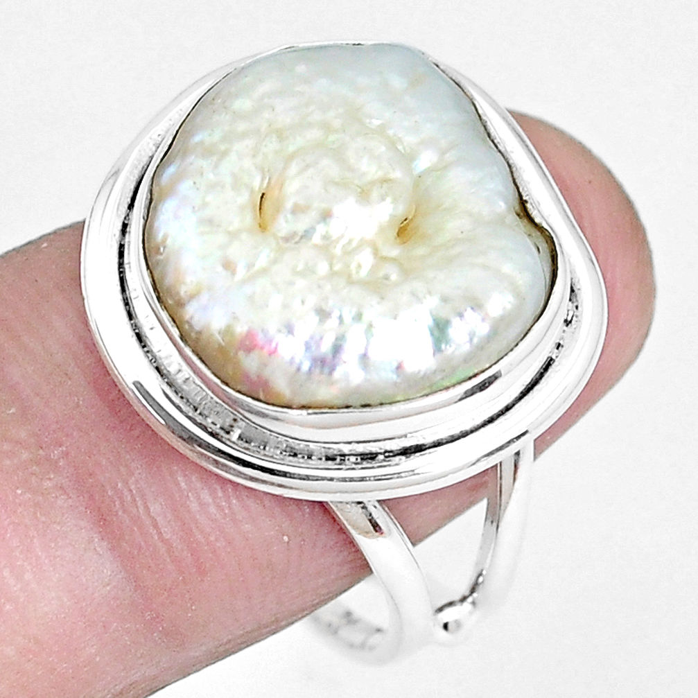 925 sterling silver 10.60cts natural white pearl solitaire ring size 8.5 p27540