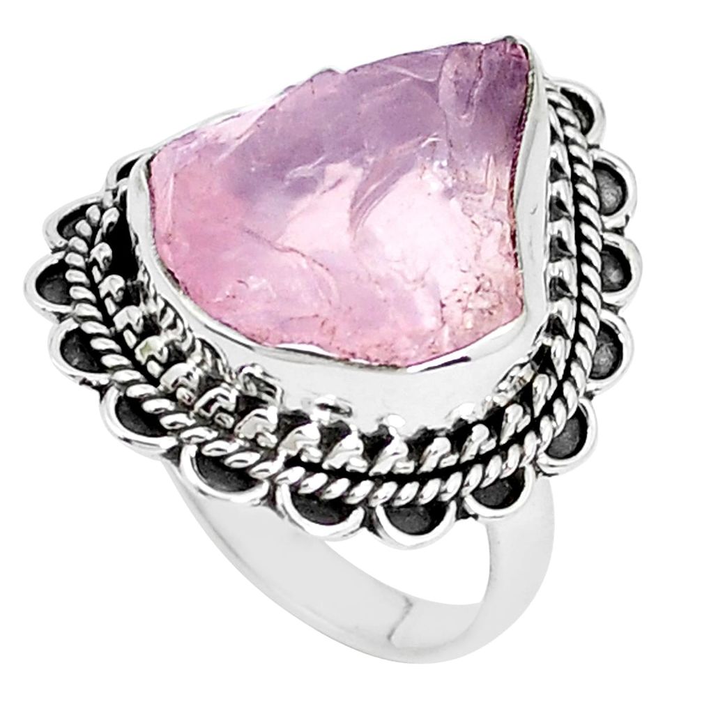 13.34cts natural pink rose quartz rough silver solitaire ring size 7.5 p27585