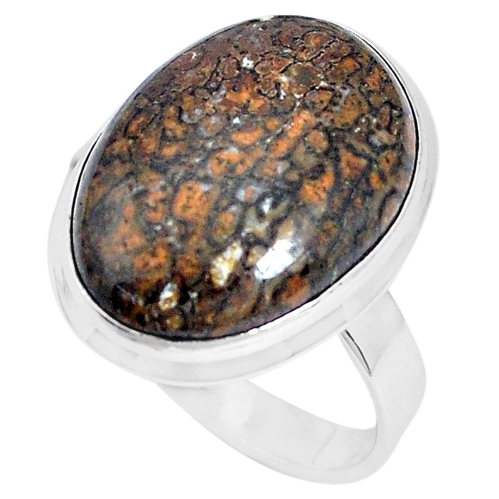 Natural brown dinosaur bone fossilized 925 silver solitaire ring size 10 p27755