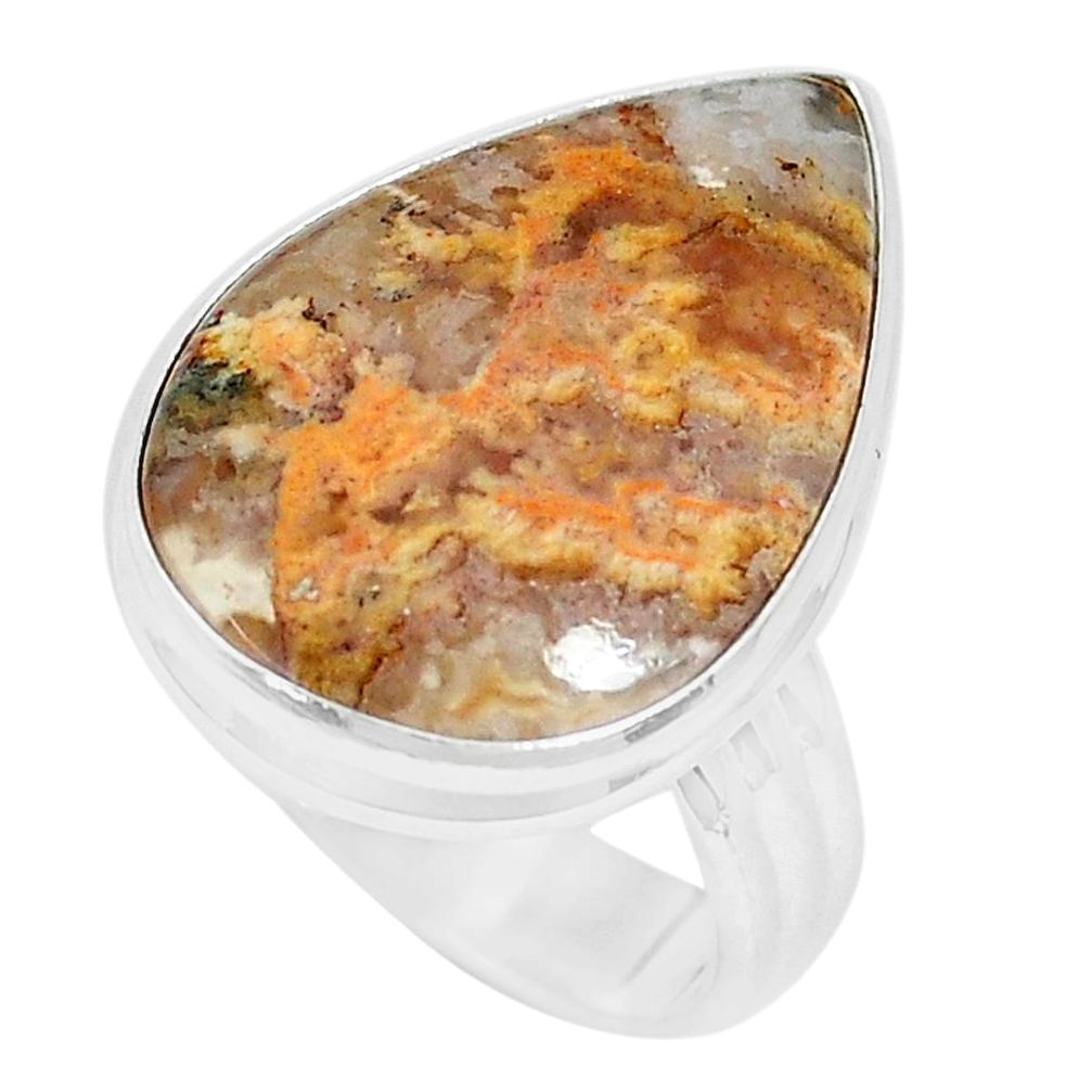 925 silver 13.66cts natural yellow plume agate pear solitaire ring size 7 p27784