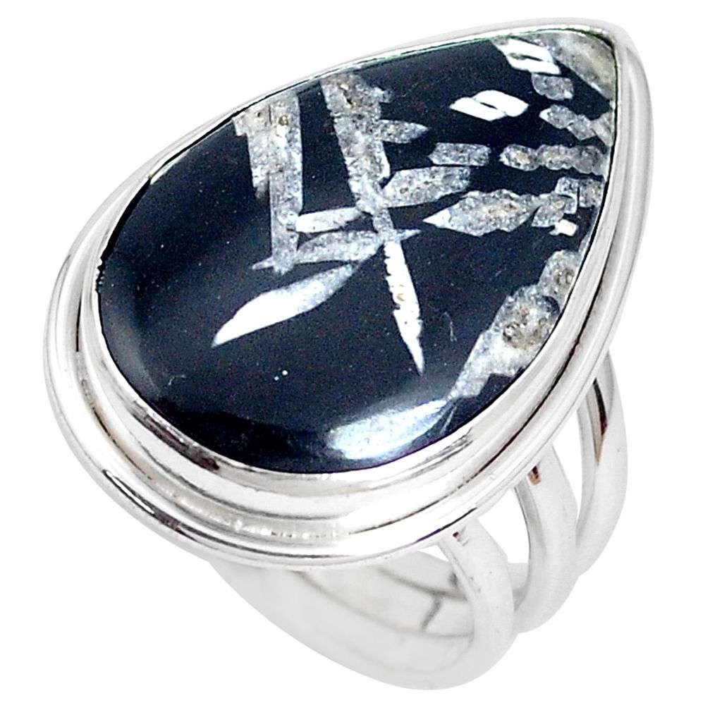 16.87cts natural black banded oil shale 925 silver solitaire ring size 8 p27955