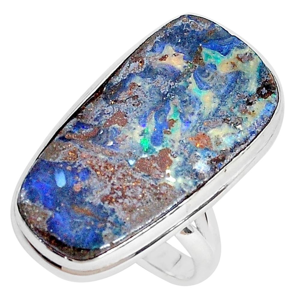 15.85cts natural brown boulder opal 925 silver solitaire ring size 8 p28448