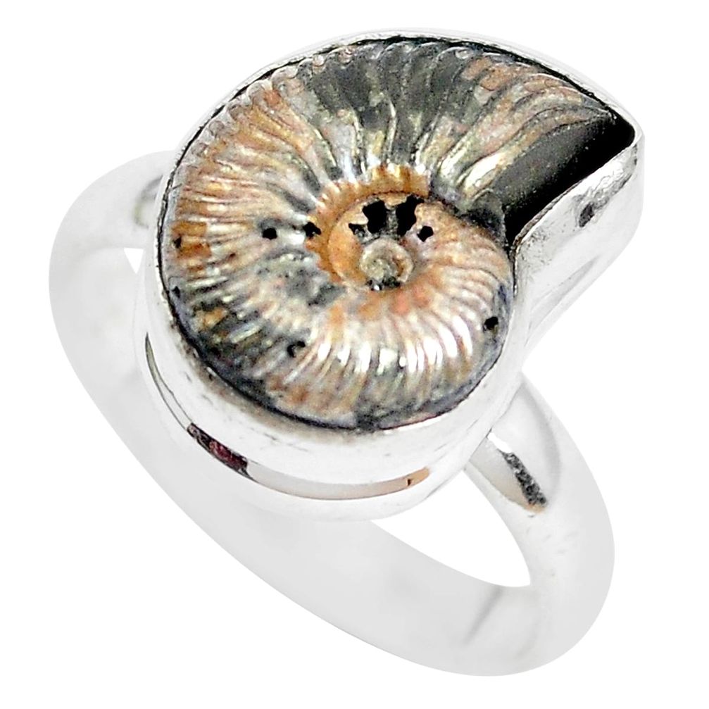 Natural brown ammonite crystallized 925 silver solitaire ring size 9 p28633