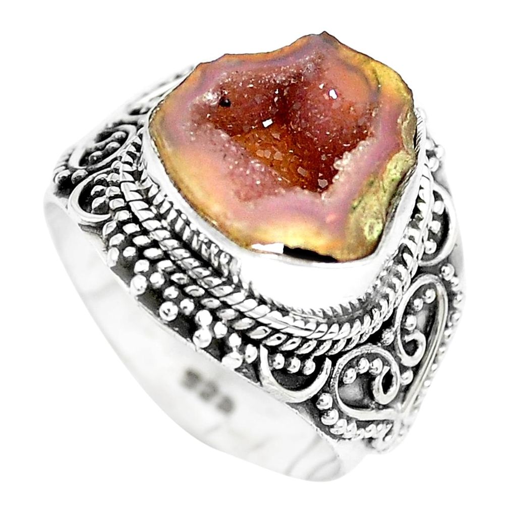 5.75cts natural brown geode druzy 925 silver solitaire ring size 7 p28803