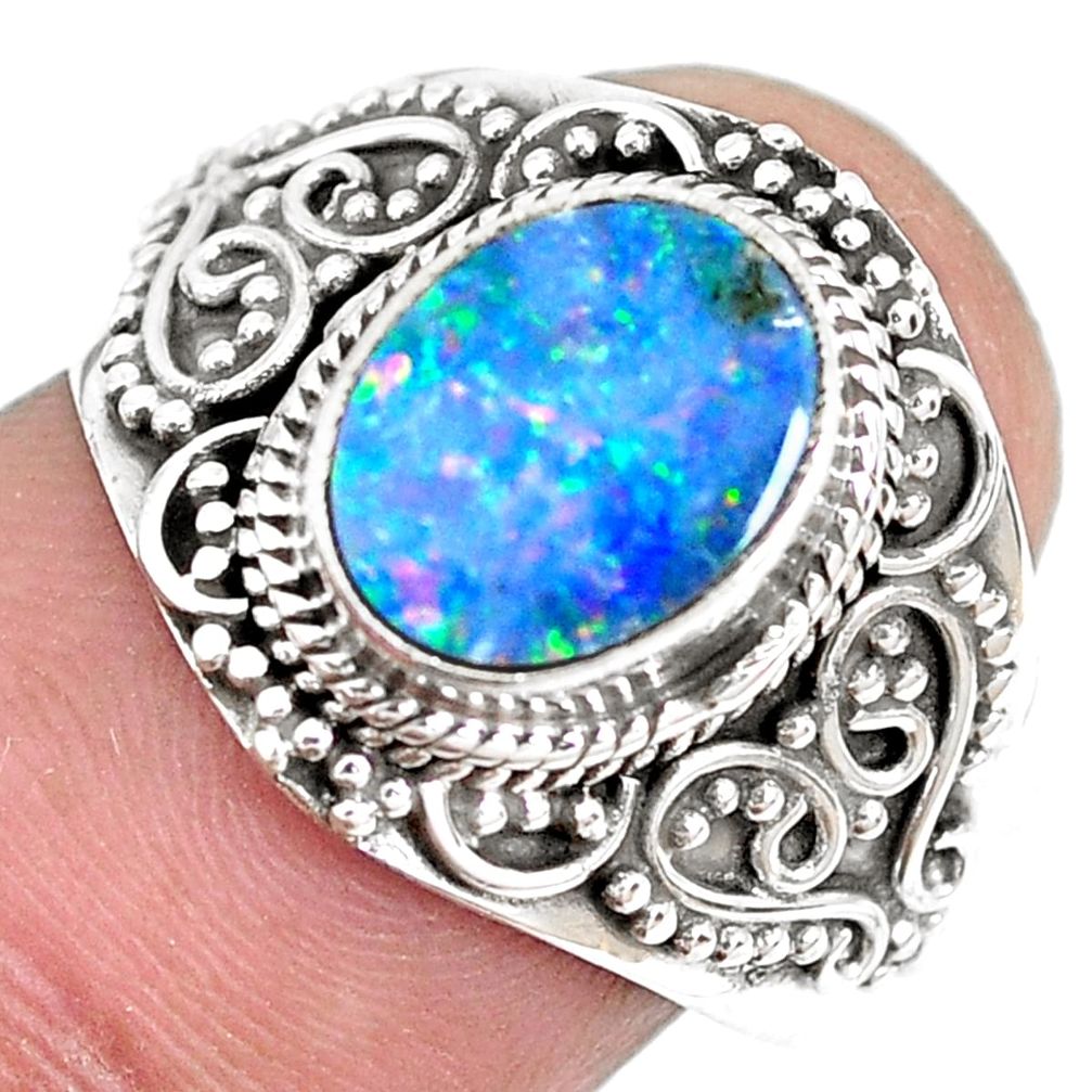 Natural blue doublet opal australian 925 silver solitaire ring size 5 p28885