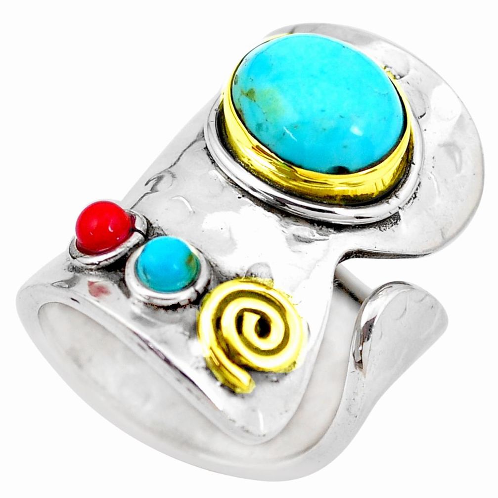 Blue arizona mohave turquoise silver two tone adjustable ring size 6.5 p28921