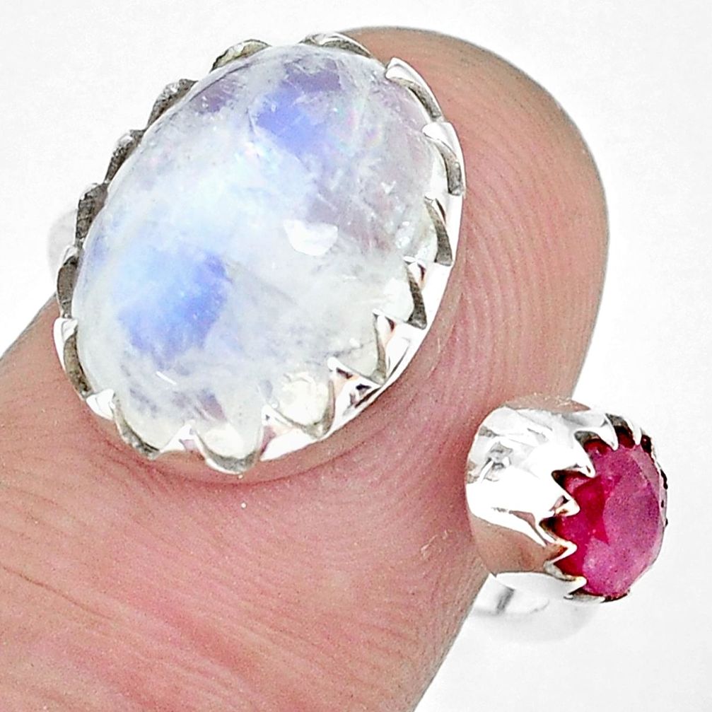 7.01cts natural rainbow moonstone ruby 925 silver adjustable ring size 6 p29818