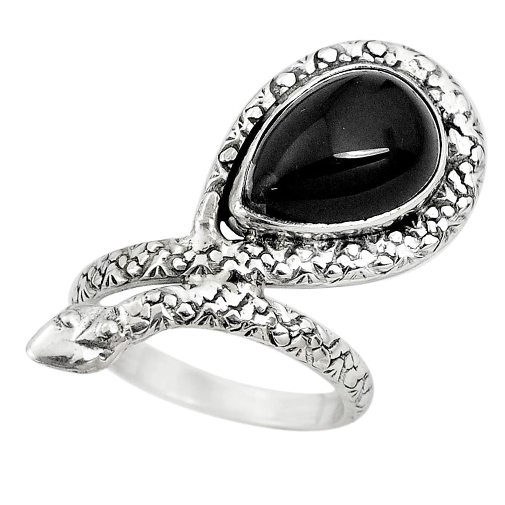 Natural black obsidian eye 925 silver snake solitaire ring size 7.5 p29925