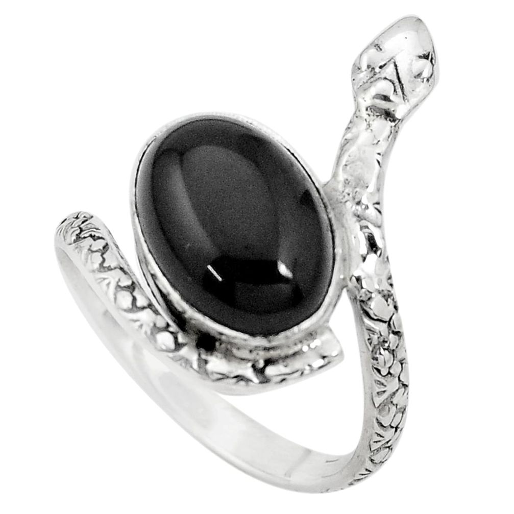 Natural black obsidian eye 925 silver snake solitaire ring size 9.5 p29929