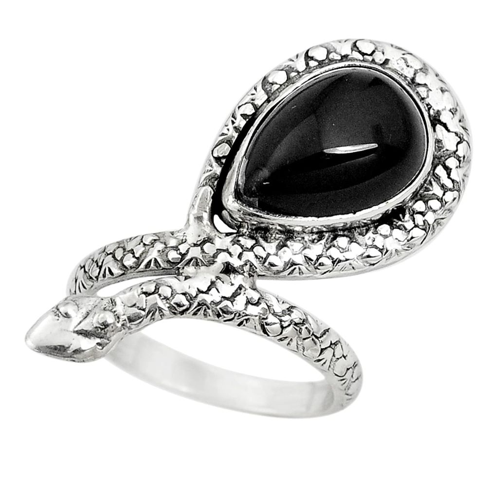 6.89cts natural black obsidian eye 925 silver snake solitaire ring size 7 p29930