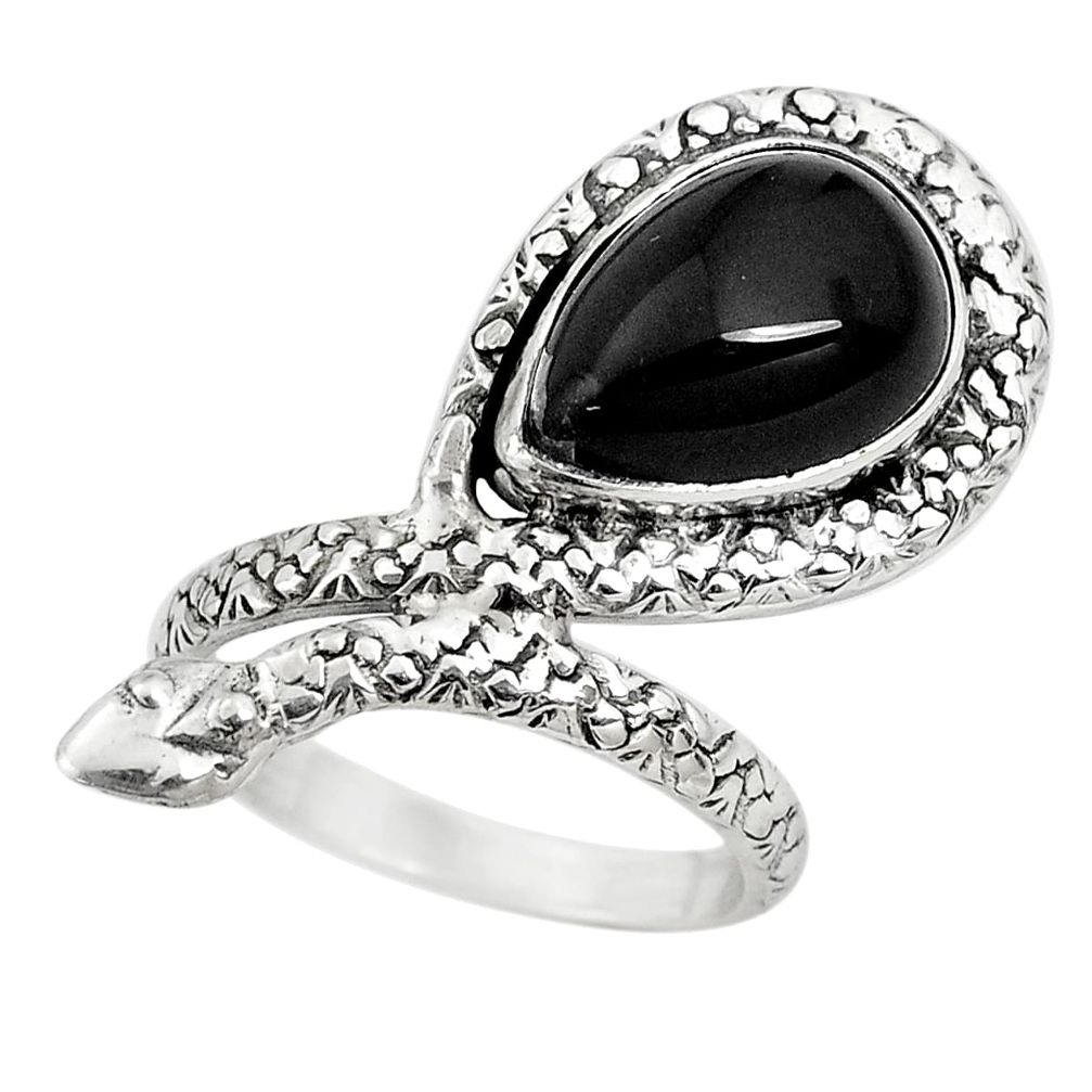 7.13cts natural black obsidian eye 925 silver snake solitaire ring size 8 p29931