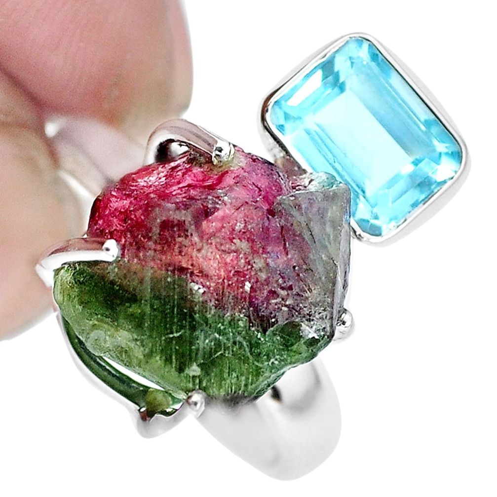 14.72cts natural watermelon tourmaline rough topaz 925 silver ring size 8 p30081