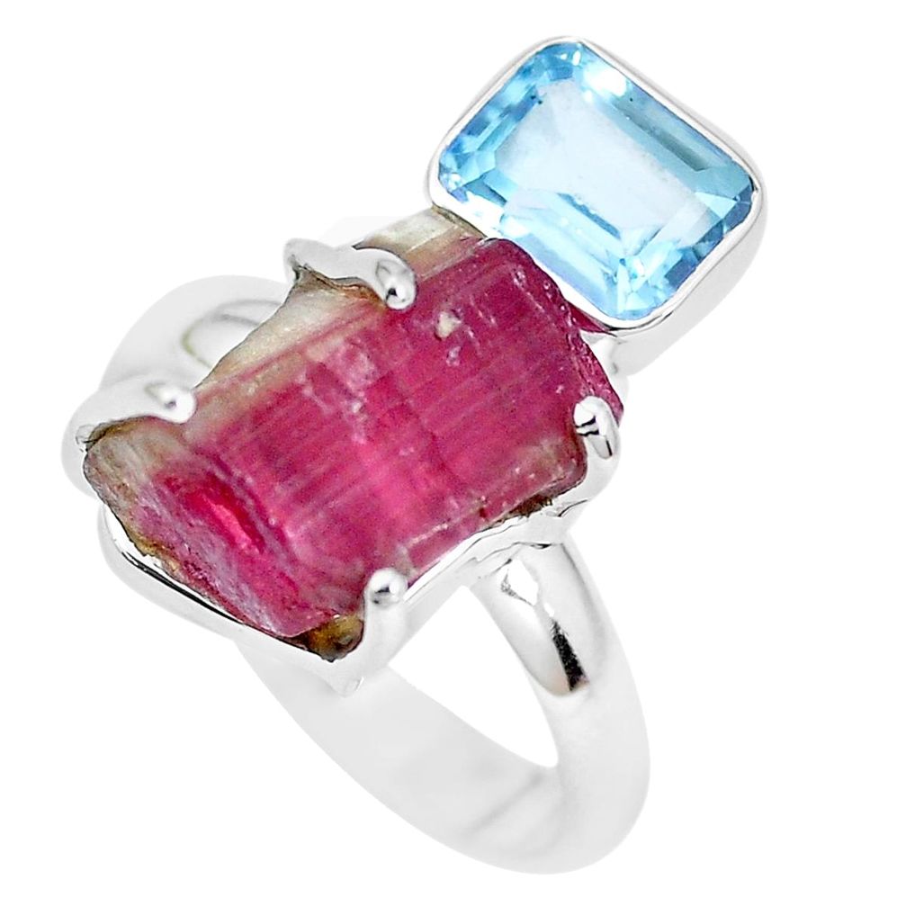 14.72cts natural watermelon tourmaline rough topaz 925 silver ring size 9 p30088