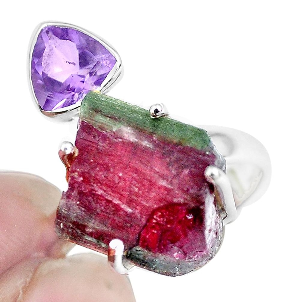 15.39cts natural watermelon tourmaline rough 925 silver ring size 8 p30089