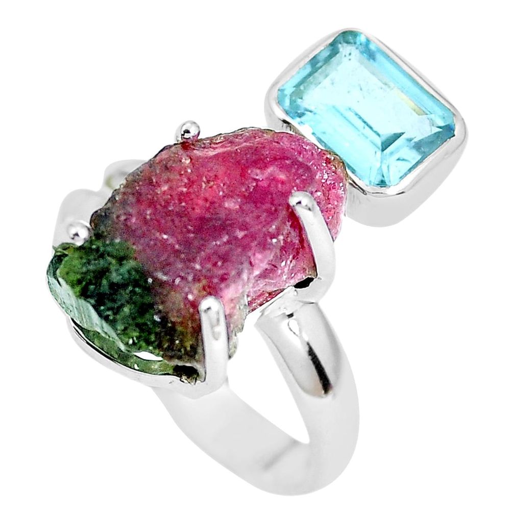 13.24cts natural watermelon tourmaline rough topaz 925 silver ring size 8 p30093