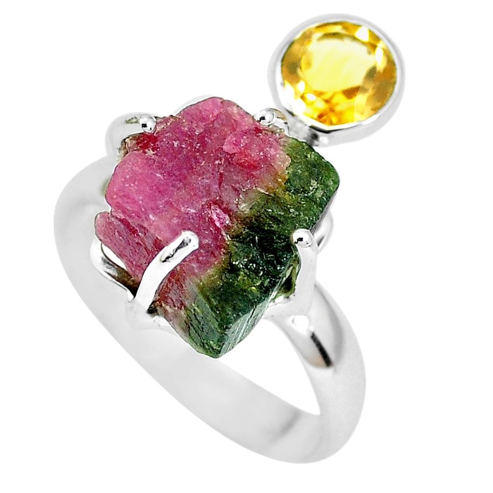 11.57cts natural watermelon tourmaline rough 925 silver ring size 8 p30096