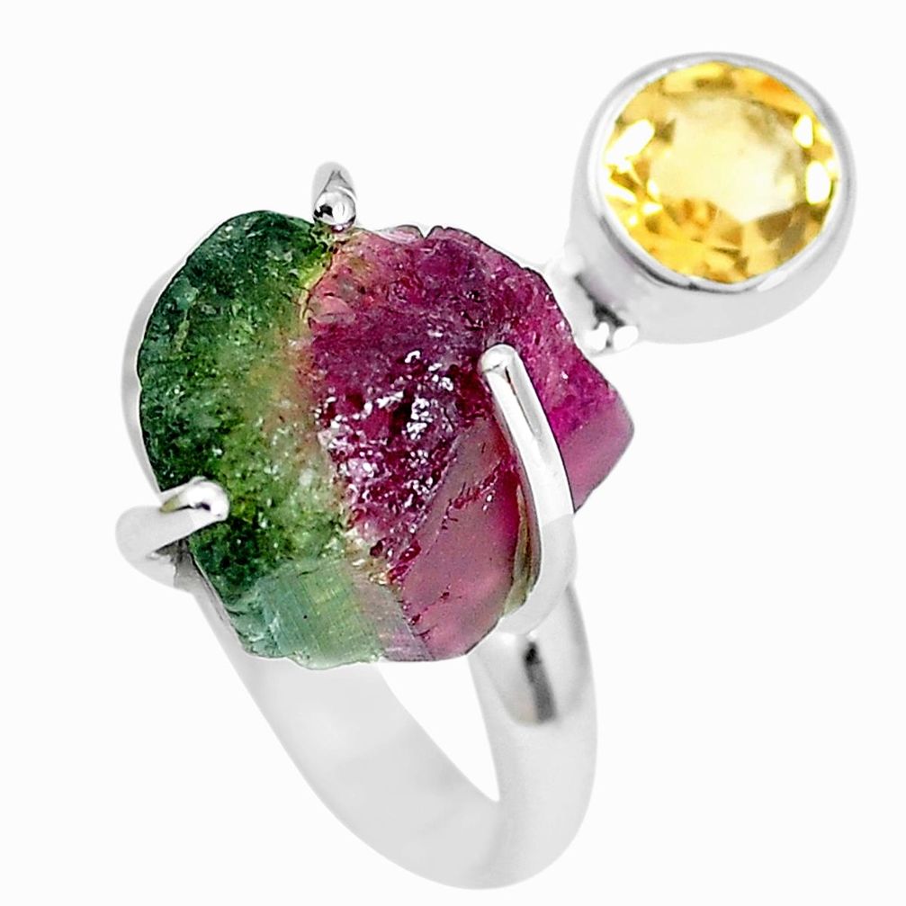 12.06cts natural watermelon tourmaline rough 925 silver ring size 6 p30097