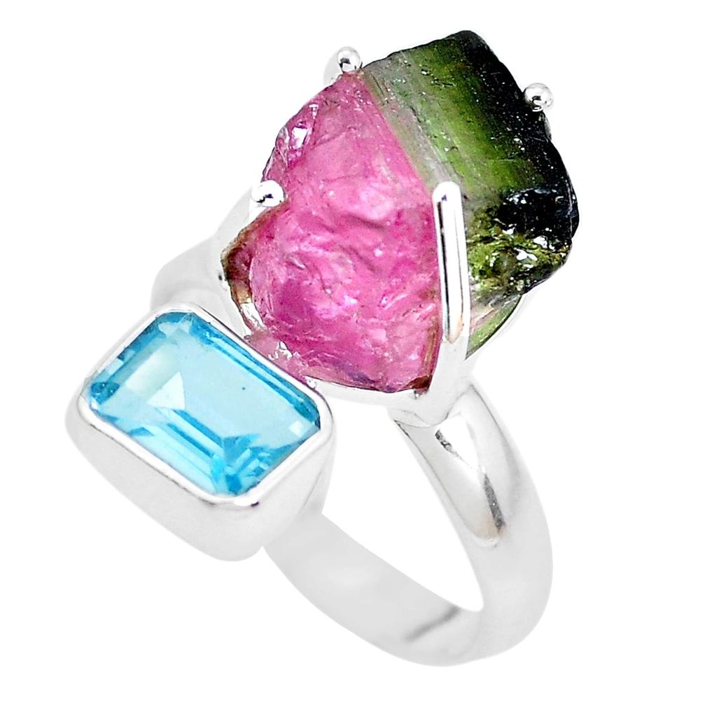 13.77cts natural watermelon tourmaline rough 925 silver ring size 8 p30101