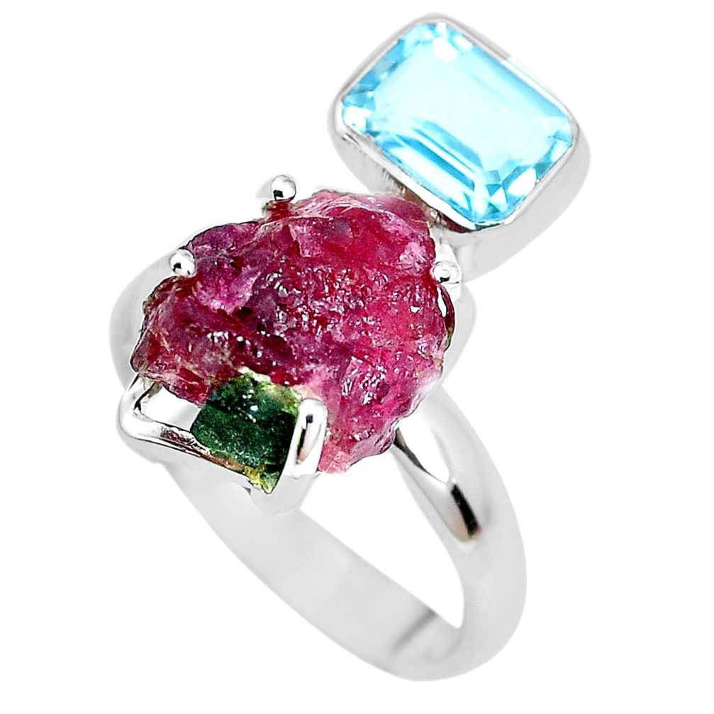 12.96cts natural watermelon tourmaline rough topaz 925 silver ring size 8 p30107