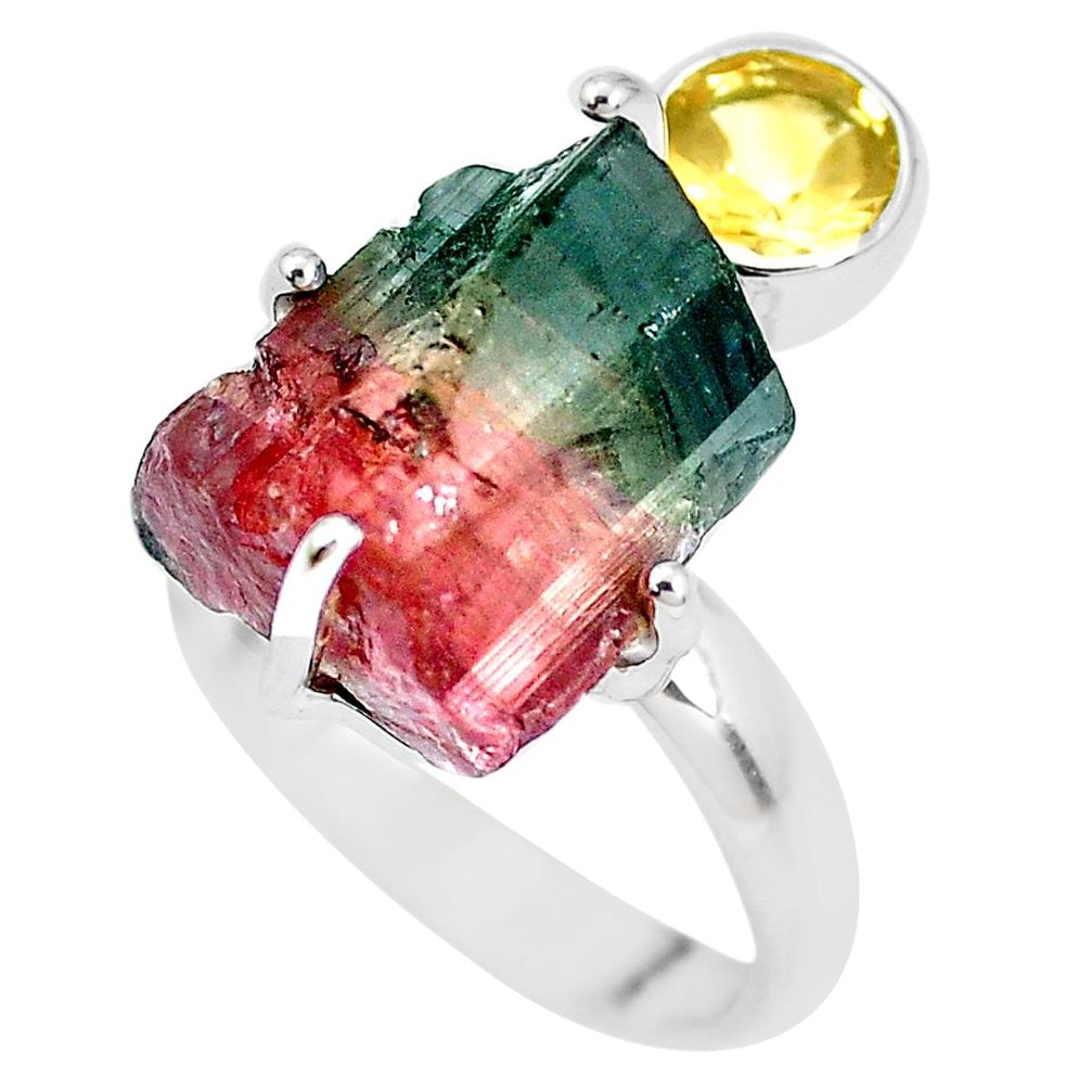 12.96cts natural watermelon tourmaline rough 925 silver ring size 8 p30109