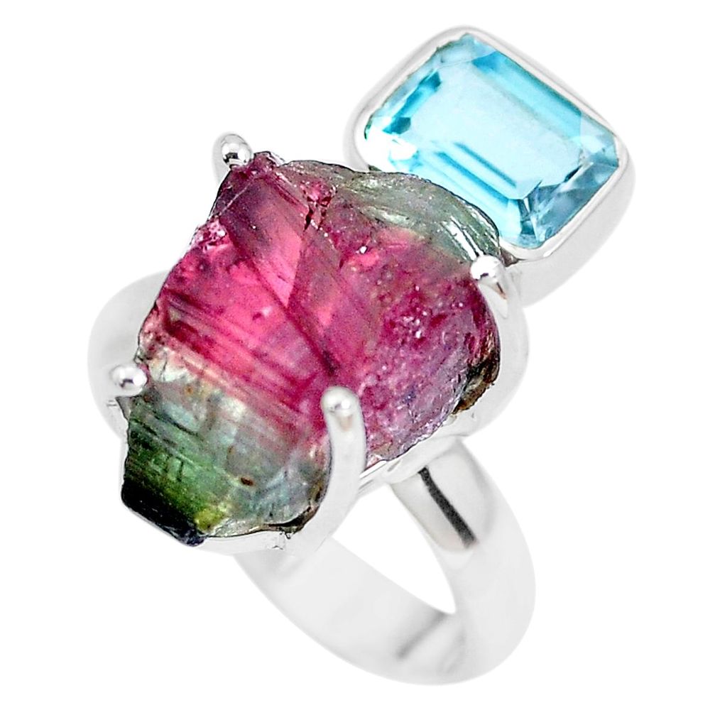 13.77cts natural watermelon tourmaline rough topaz 925 silver ring size 6 p30113