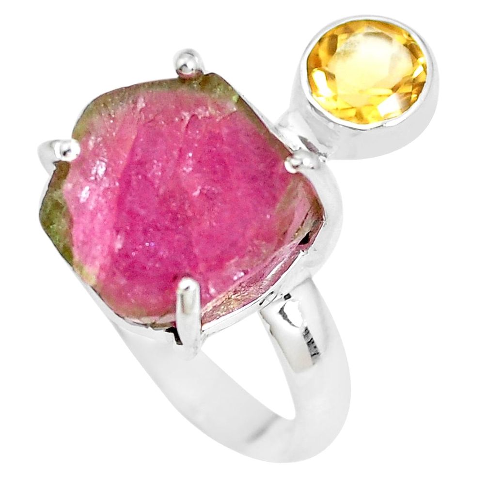 13.27cts natural watermelon tourmaline rough 925 silver ring size 7 p30116