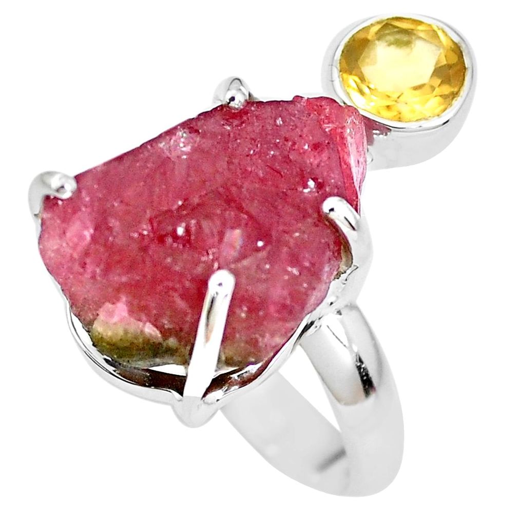 13.77cts natural watermelon tourmaline rough 925 silver ring size 7 p30119