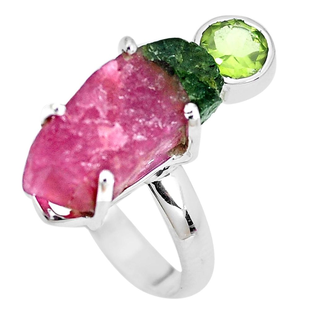 12.06cts natural watermelon tourmaline rough 925 silver ring size 7 p30120