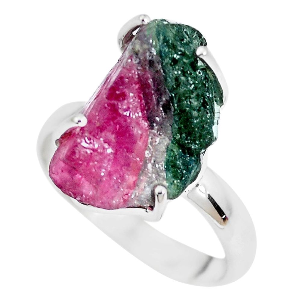 11.07cts natural watermelon tourmaline rough 925 silver ring size 9 p30121