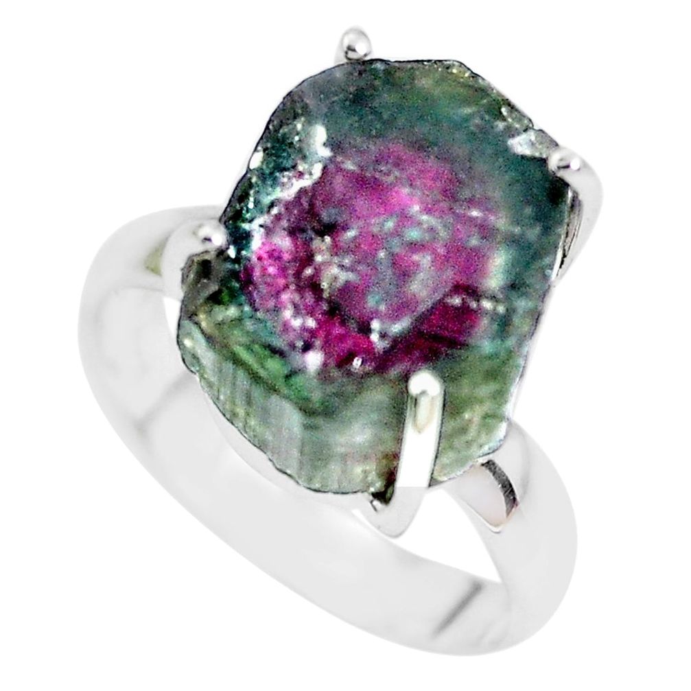 9.86cts natural watermelon tourmaline rough 925 silver ring size 6 p30126