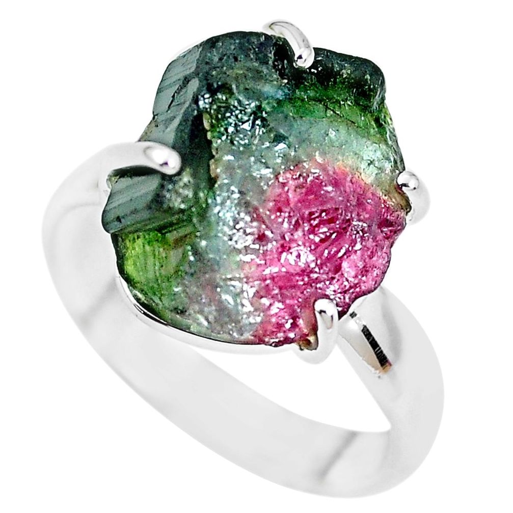 10.32cts natural watermelon tourmaline rough 925 silver ring size 8 p30129