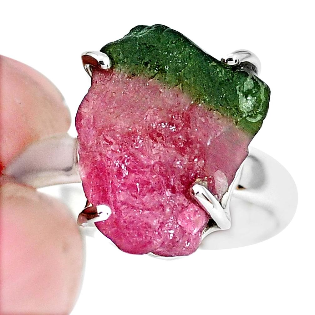9.37cts natural watermelon tourmaline rough 925 silver ring size 7 p30141