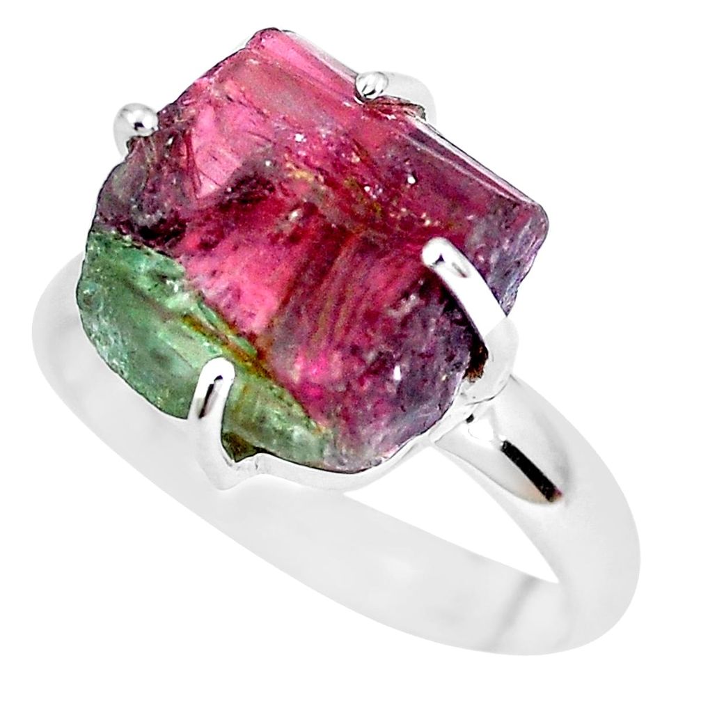 11.04cts natural watermelon tourmaline rough 925 silver ring size 9 p30158