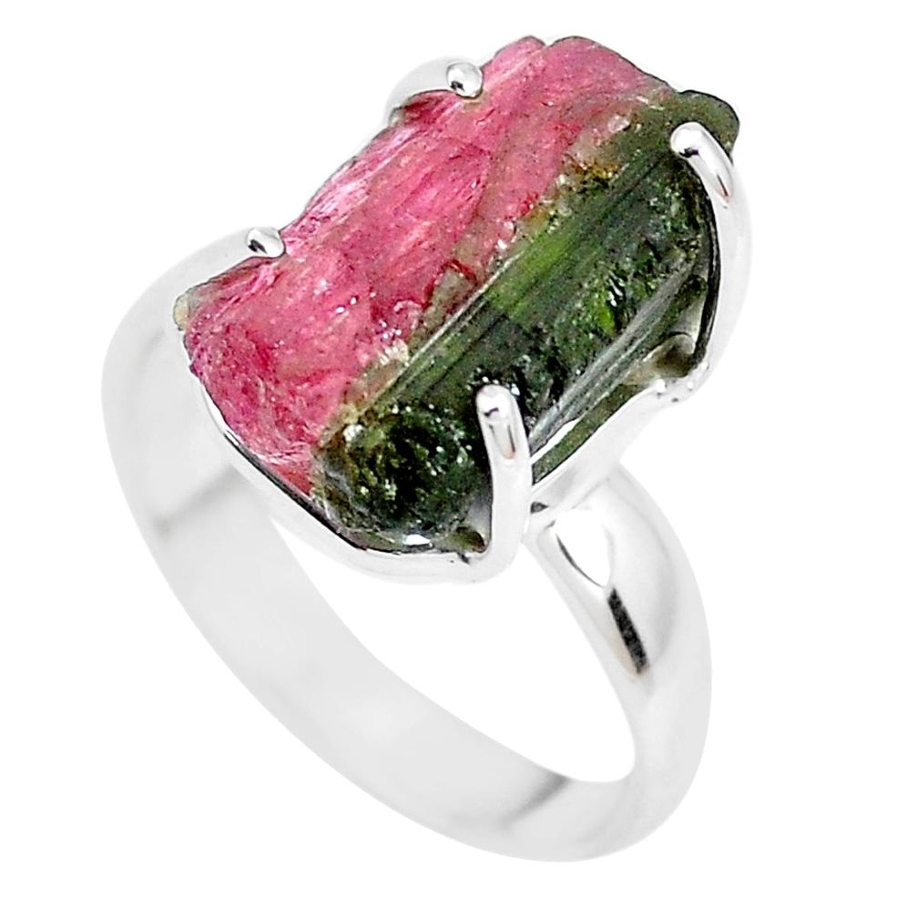 10.02cts natural watermelon tourmaline rough 925 silver ring size 7 p30221
